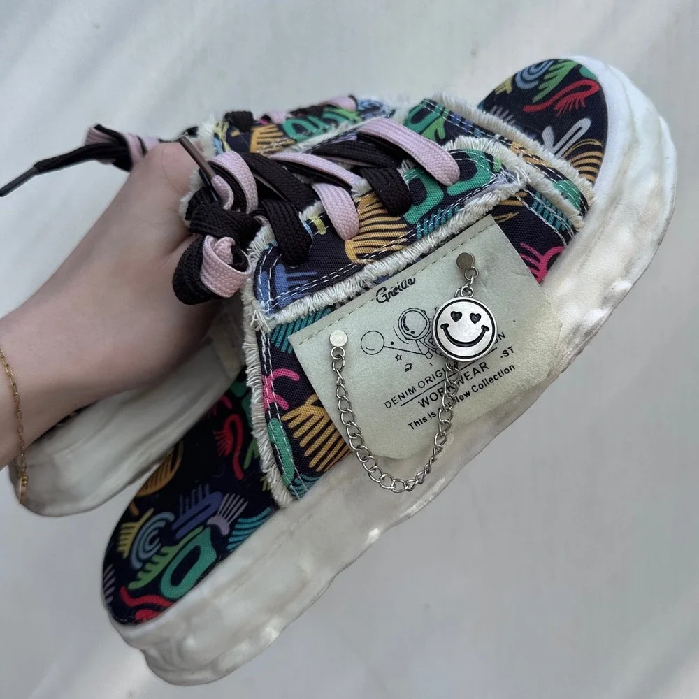 Platform Slides Colorful Abstract Print Frayed Denim Smiley Charm Sz 41